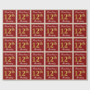 Papier Cadeau Elégant, Rouge, Faux Gold 12e anniversaire; Nom pe