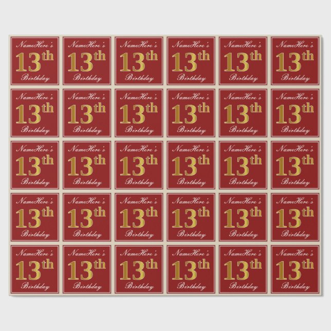 Papier Cadeau Elégant, Rouge, Faux Gold 13e anniversaire; Nom pe (Plat)