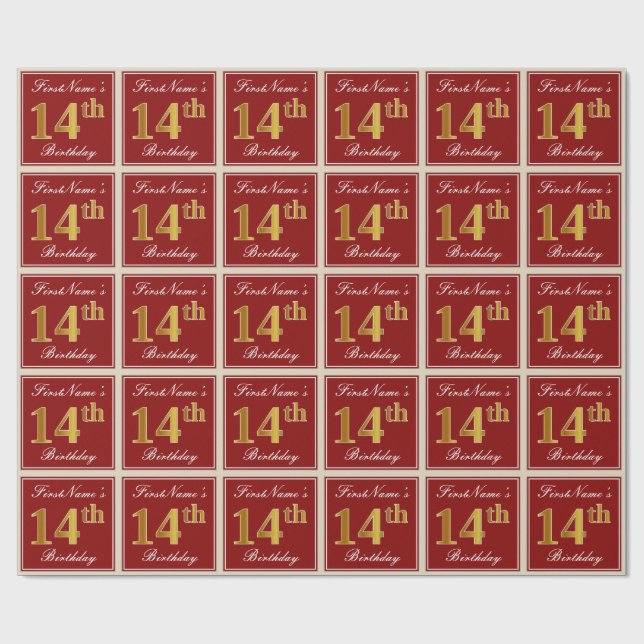 Papier Cadeau Elégant, Rouge, Faux Gold 14e anniversaire; Nom pe (Plat)