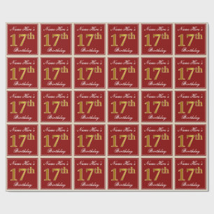 Papier Cadeau Elégant, Rouge, Faux Gold 17e anniversaire; Nom pe