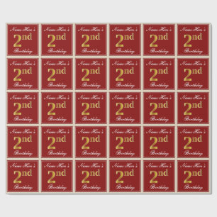 Papier Cadeau Elégant, Rouge, Faux Gold 2e anniversaire + Nom pe