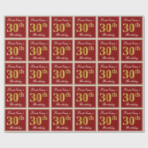 Papier Cadeau Elégant, Rouge, Faux Gold 30e anniversaire; Nom pe