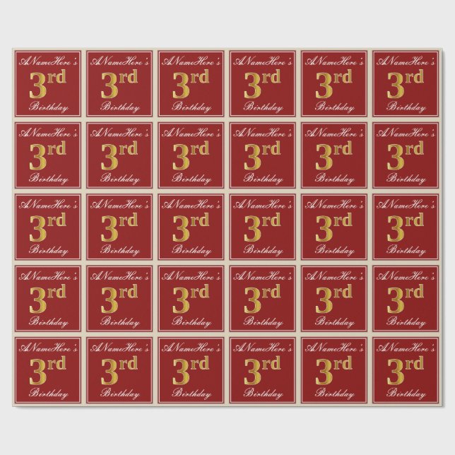 Papier Cadeau Elégant, Rouge, Faux Gold 3ème anniversaire + Nom  (Plat)