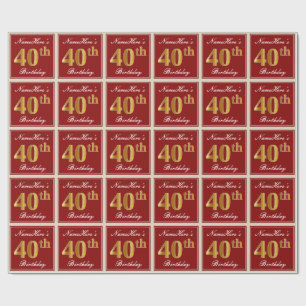 Papier Cadeau Elégant, Rouge, Faux Gold 40e Anniversaire; Nom pe