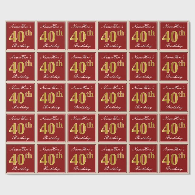Papier Cadeau Elégant, Rouge, Faux Gold 40e Anniversaire; Nom pe (Plat)