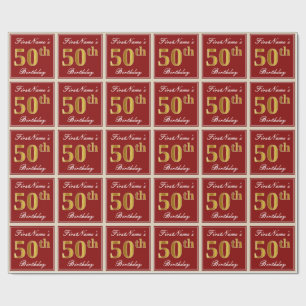 Papier Cadeau Elégant, rouge, Faux Gold 50e anniversaire ; Nom 