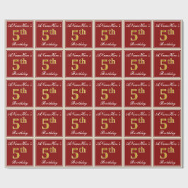 Papier Cadeau Elégant, Rouge, Faux Gold 5e anniversaire + Nom pe