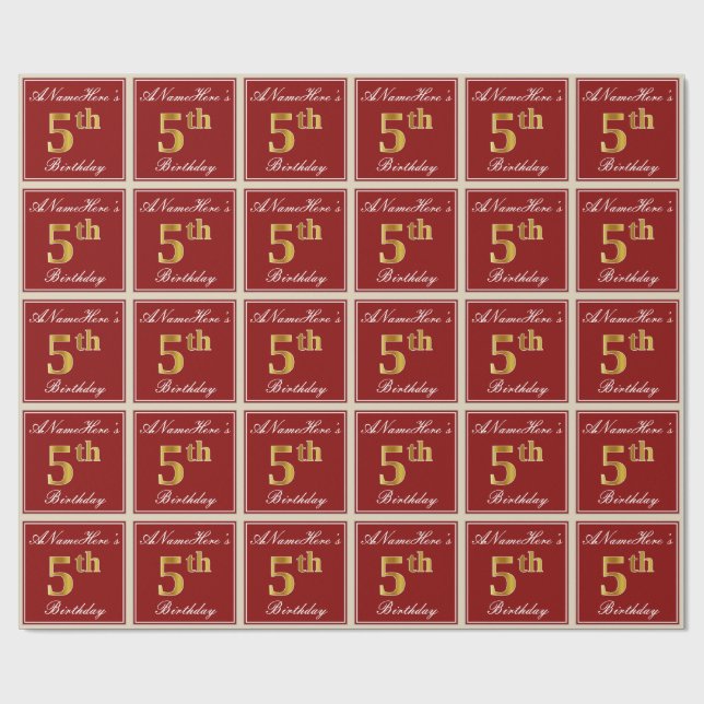 Papier Cadeau Elégant, Rouge, Faux Gold 5e anniversaire + Nom pe (Plat)