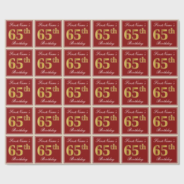 Papier Cadeau Elégant, Rouge, Faux Gold 65e anniversaire; Nom pe (Plat)