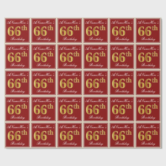 Papier Cadeau Elégant, Rouge, Faux Gold 66e anniversaire; Nom pe (Plat)