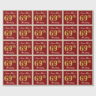 Papier Cadeau Elégant, Rouge, Faux Gold 69e anniversaire; Nom pe