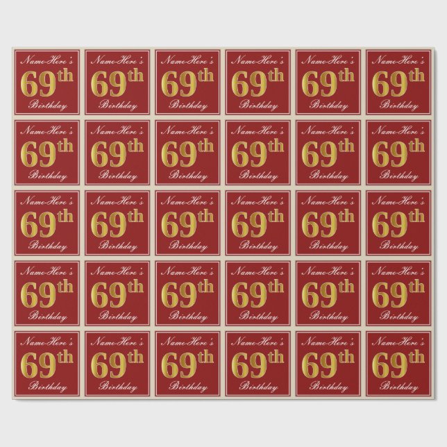 Papier Cadeau Elégant, Rouge, Faux Gold 69e anniversaire; Nom pe (Plat)