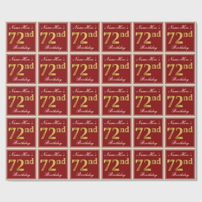 Papier Cadeau Elégant, Rouge, Faux Gold 72e anniversaire; Nom pe (Plat)