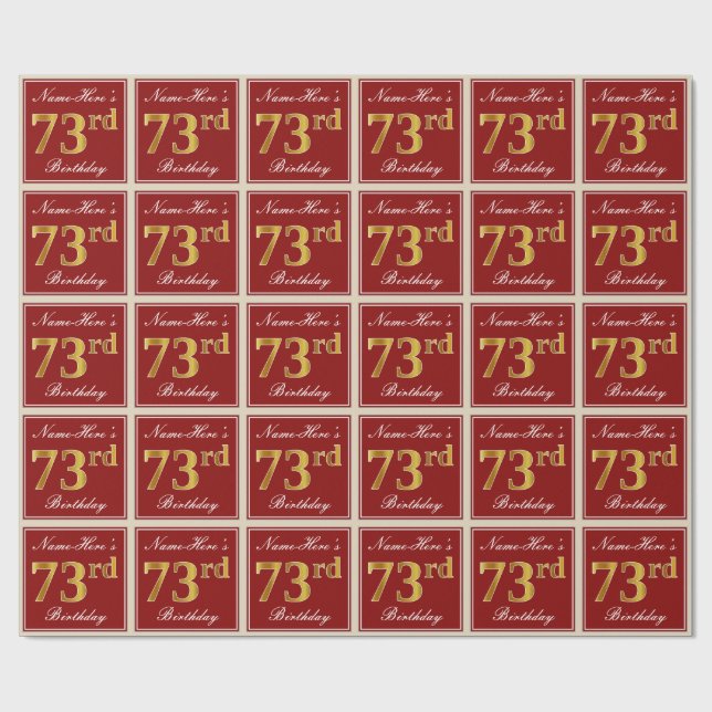 Papier Cadeau Elégant, Rouge, Faux Gold 73e anniversaire; Nom pe (Plat)