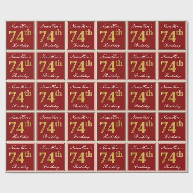 Papier Cadeau Elégant, Rouge, Faux Gold 74e anniversaire; Nom pe (Plat)