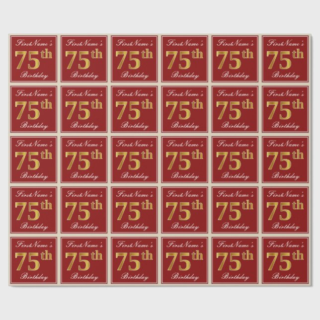 Papier Cadeau Elégant, Rouge, Faux Gold 75e anniversaire; Nom pe (Plat)