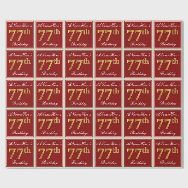 Papier Cadeau Elégant, Rouge, Faux Gold 77e anniversaire; Nom pe (Plat)