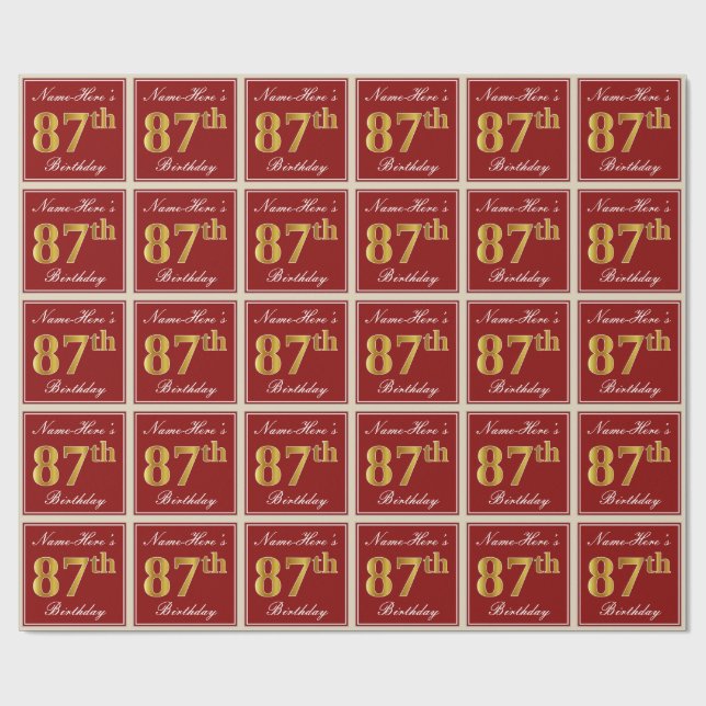 Papier Cadeau Elégant, Rouge, Faux Gold 87e anniversaire; Nom pe (Plat)