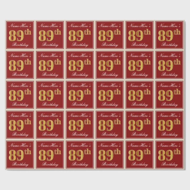 Papier Cadeau Elégant, Rouge, Faux Gold 89e anniversaire; Nom pe (Plat)
