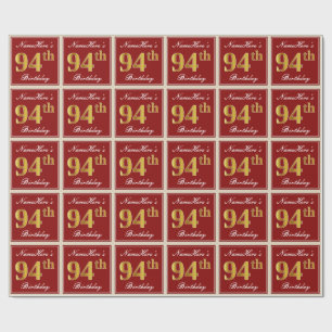 Papier Cadeau Elégant, Rouge, Faux Gold 94e anniversaire; Nom pe