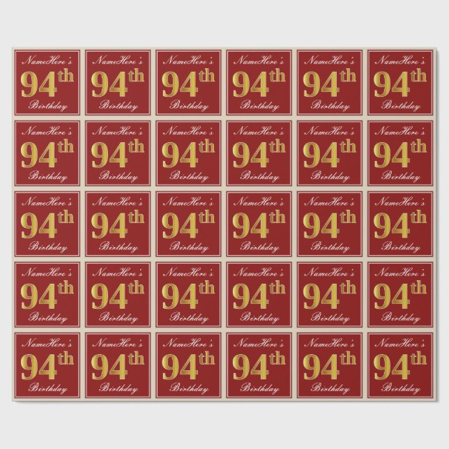 Papier Cadeau Elégant, Rouge, Faux Gold 94e anniversaire; Nom pe (Plat)