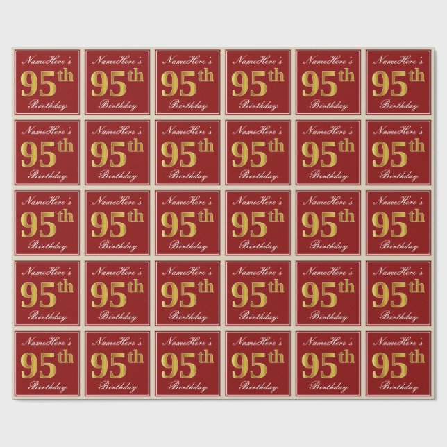 Papier Cadeau Elégant, Rouge, Faux Gold 95e anniversaire; Nom pe (Plat)