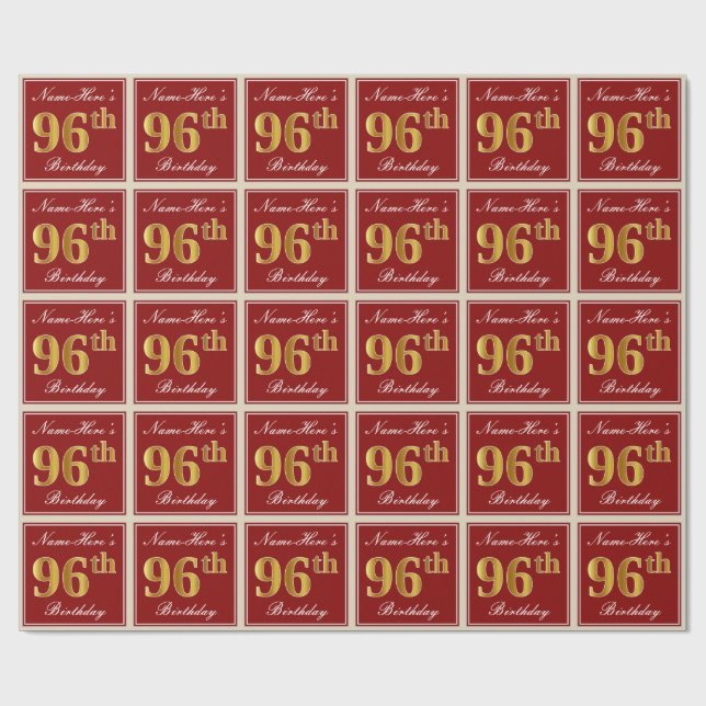Papier Cadeau Elégant, Rouge, Faux Gold 96e anniversaire; Nom pe (Plat)
