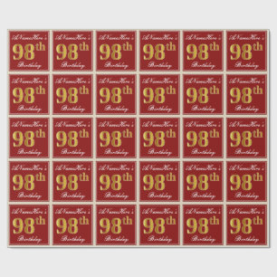 Papier Cadeau Elégant, Rouge, Faux Gold 98e anniversaire; Nom pe