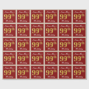 Papier Cadeau Elégant, Rouge, Faux Gold 99e anniversaire; Nom pe