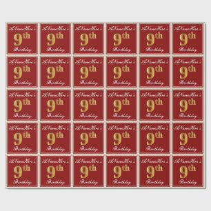 Papier Cadeau Elégant, Rouge, Faux Gold 9e anniversaire + Nom pe