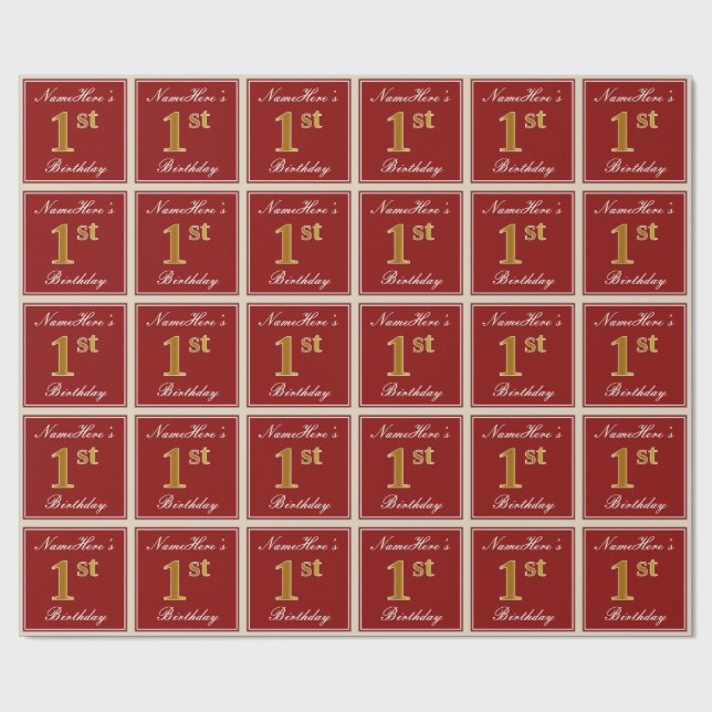 Papier Cadeau Elégant, Rouge, Faux Or 1er Anniversaire + Nom per (Plat)