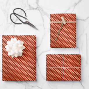 Papier Cadeau Élégant rouge feuille d'or sucre de canne rayures 