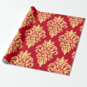 Papier Cadeau Élégant Rouge or classique Damas Motif de Noël