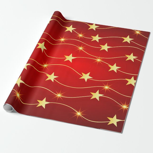 Papier Cadeau Élégant Rouge or Noël Star Motif de vacances (Déroulé)