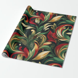 Papier Cadeau Élégant Rouge, Vert & Or Abstrait Feuilles de marg