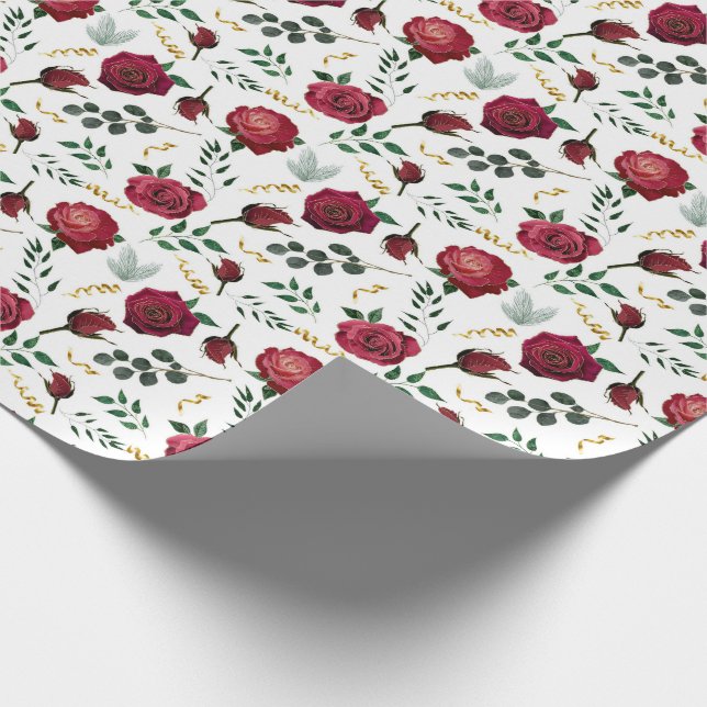 Papier Cadeau Élégant Rouge Vintage Rose Botanique Fête Florale (Coin)
