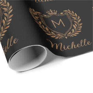 Papier Cadeau Élégant script Monogram Custom Luxury Black Gold