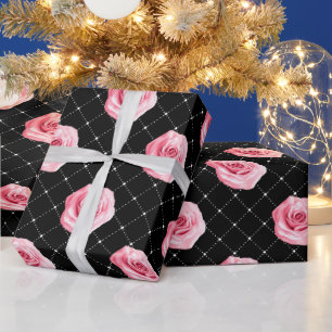 Papier Cadeau Elégant Shabby Chic Roses et Diamants Rose