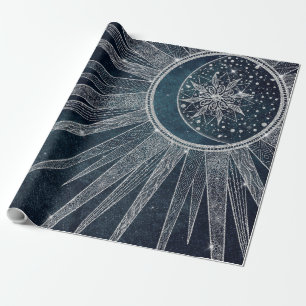 Papier Cadeau Elégant Silver Sun Moon Doodle Mandala Blue Design