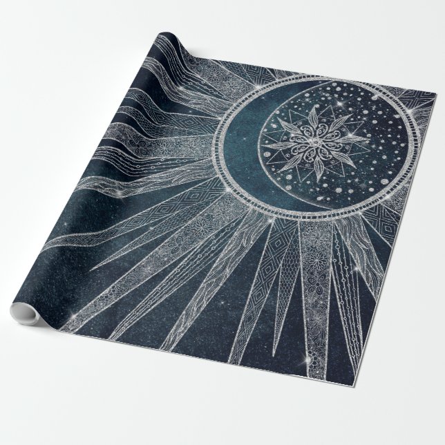 Papier Cadeau Elégant Silver Sun Moon Doodle Mandala Blue Design (Déroulé)