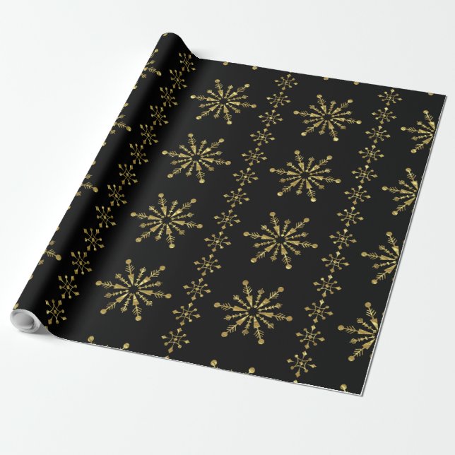 Papier Cadeau Élégant Snowflakes Black & Gold de Noël (Déroulé)