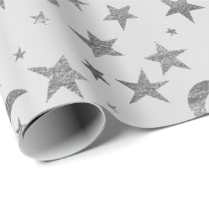 Papier Cadeau Élégant Stars Lune Silver Grey Ciel métallique
