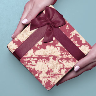 Papier Cadeau Élégant Toile de Jouy Rouge Vintage Lac Sans Coutu
