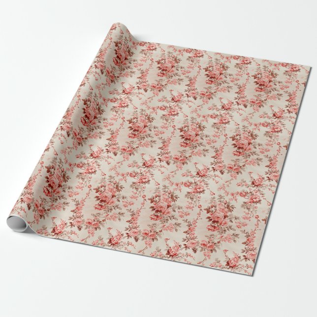 Papier Cadeau Élégant Toile Français Rose Floral gravé (Déroulé)