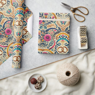 Papier Cadeau Élégant Tons de Bijoux avec Anneaux Entrelacés de 