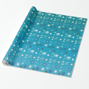 Papier Cadeau Elégant turquoise et blanc, étoiles et flocons de