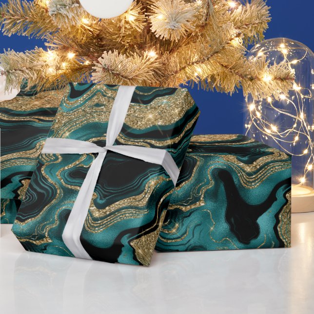 Papier Cadeau Elégant Turquoise et or Parties scintillant Agate  (Vacances)