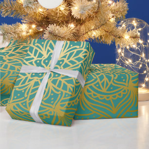 Papier Cadeau Élégant Turquoise Vert or Mandala Motif