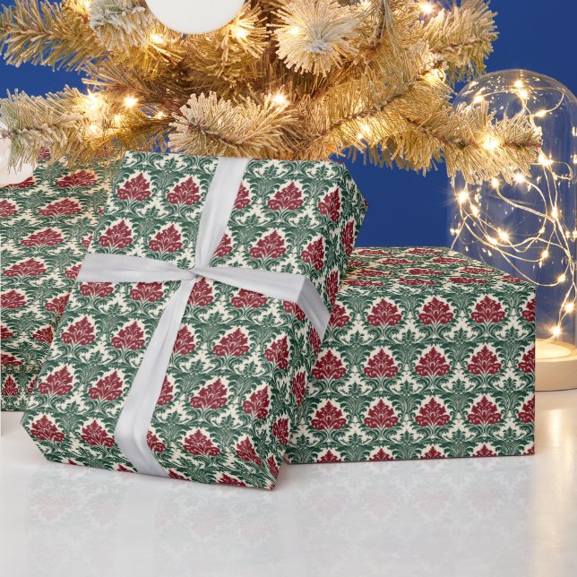 Papier Cadeau Élégant vacances Rouge et Vert Damas (Vacances)