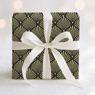 Papier Cadeau Élégant Ventilateur Gold Art Déco Motif sur Noir